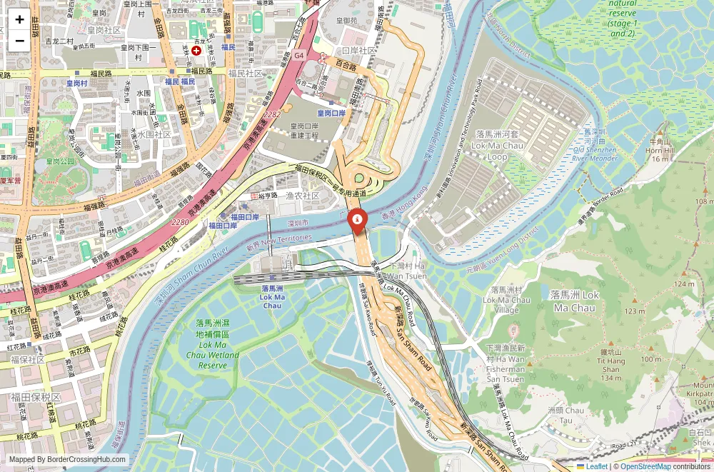 Close-up map showing a border crossing point with marker at the selected land port of entry between China and Hong Kong