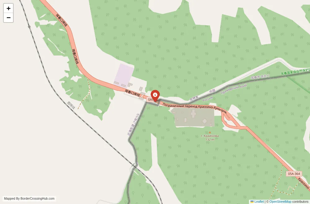 Close-up map showing a border crossing point with marker at the selected land port of entry between China and Russia