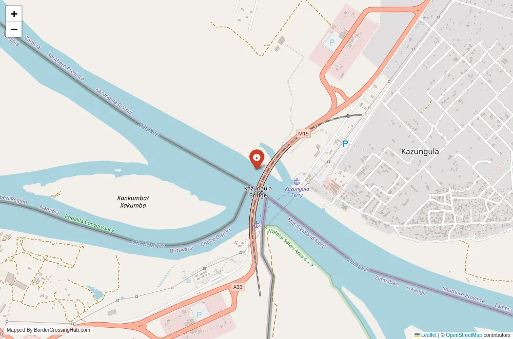 Close-up map showing a border crossing point with marker at the selected land port of entry between Namibia and Botswana