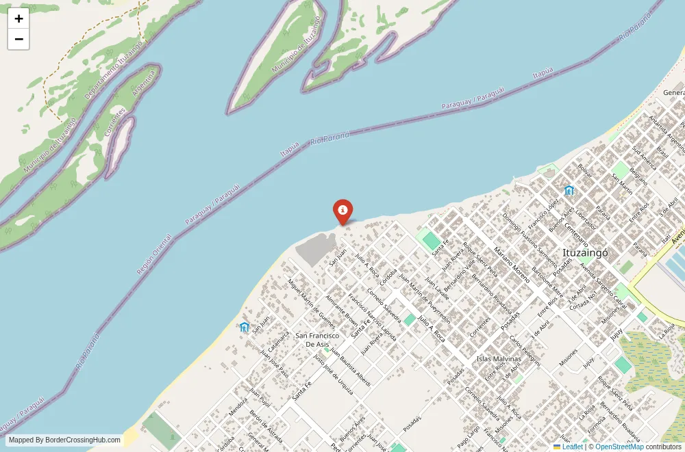 Close-up map showing a border crossing point with marker at the selected land port of entry between Argentina and Paraguay