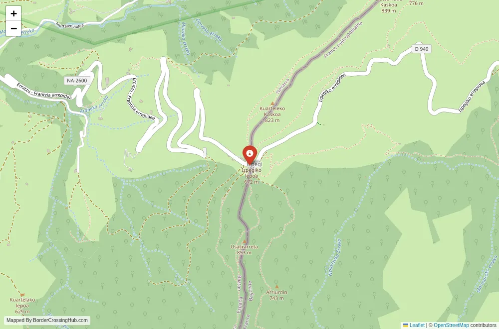 Close-up map showing a border crossing point with marker at the selected land port of entry between France and Spain