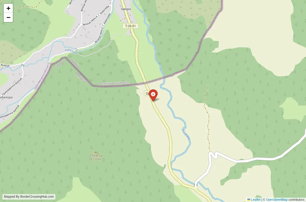 Close-up map showing a border crossing point with marker at the selected land port of entry between Romania and Ukraine