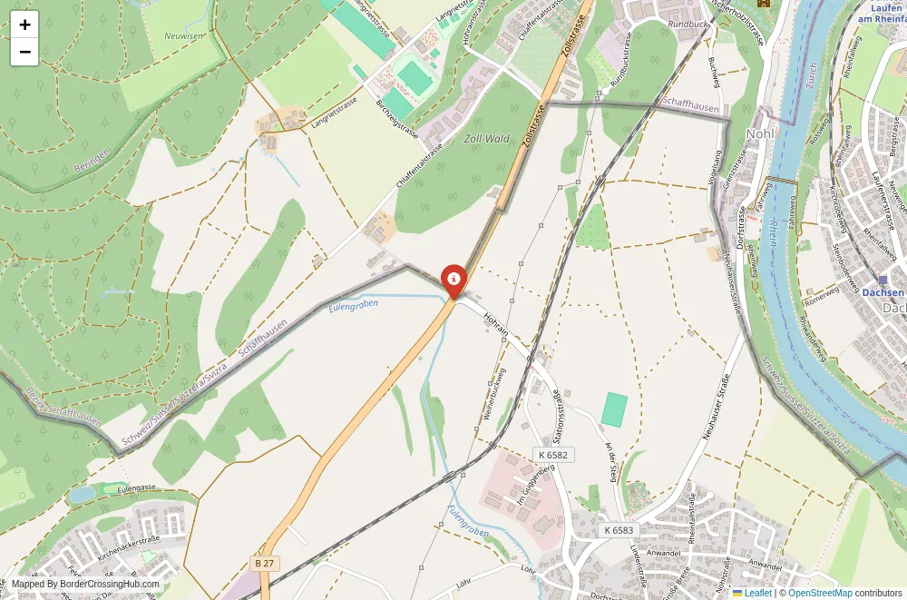 Close-up map showing a border crossing point with marker at the selected land port of entry between Germany and Switzerland