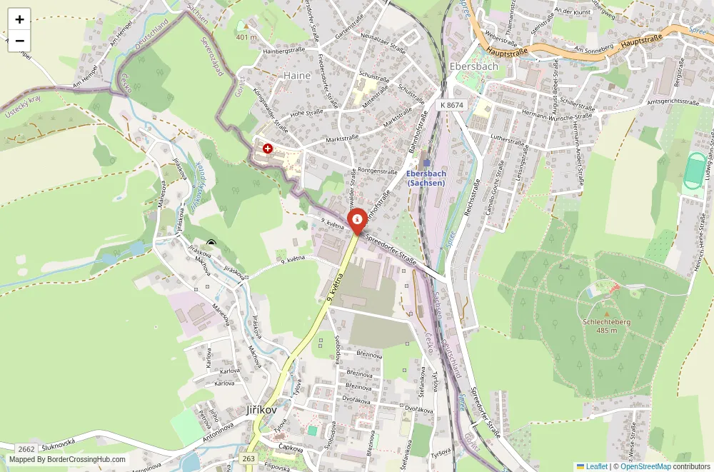Close-up map showing a border crossing point with marker at the selected land port of entry between Czech Republic and Germany