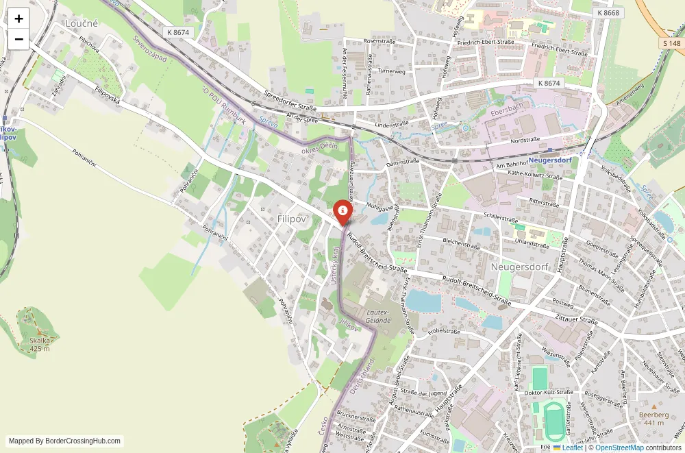 Close-up map showing a border crossing point with marker at the selected land port of entry between Czech Republic and Germany