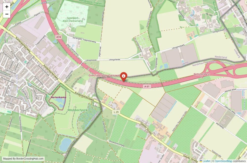 Close-up map showing a border crossing point with marker at the selected land port of entry between Germany and Netherlands