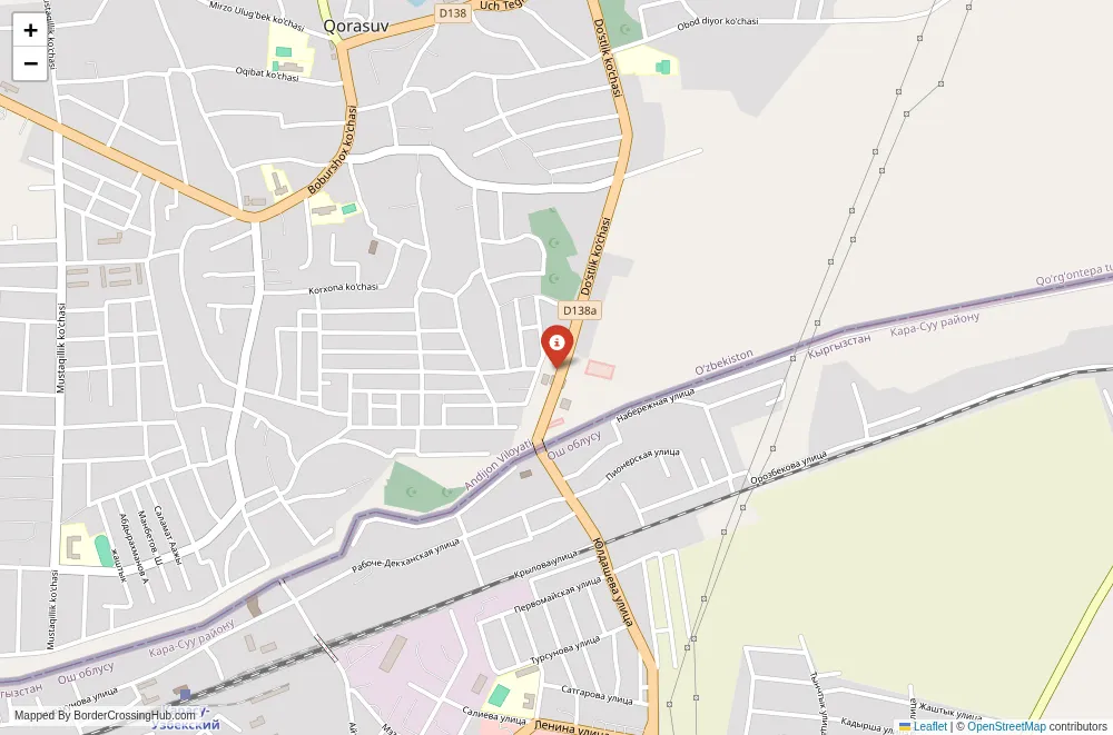 Close-up map showing a border crossing point with marker at the selected land port of entry between Kyrgyzstan and Uzbekistan