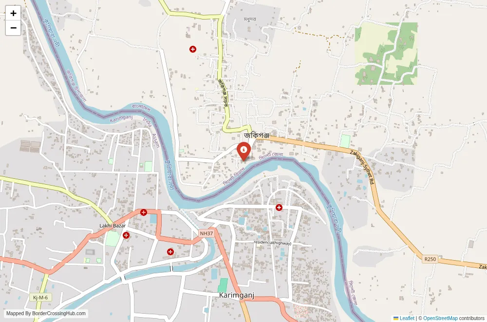 Close-up map showing a border crossing point with marker at the selected land port of entry between India and Bangladesh