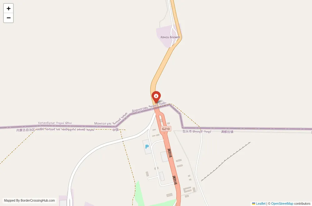 Close-up map showing a border crossing point with marker at the selected land port of entry between China and Mongolia