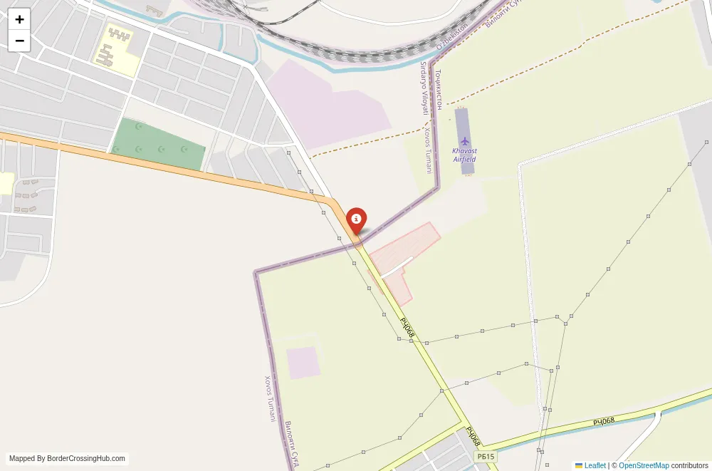 Close-up map showing a border crossing point with marker at the selected land port of entry between Uzbekistan and Tajikistan