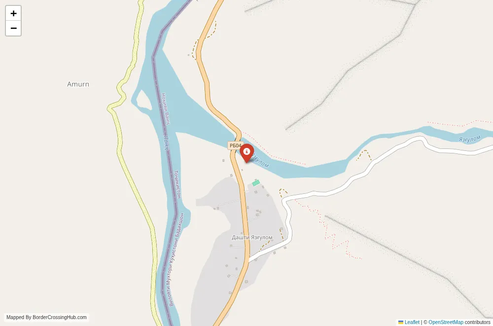 Close-up map showing a border crossing point with marker at the selected land port of entry between Tajikistan and Afghanistan