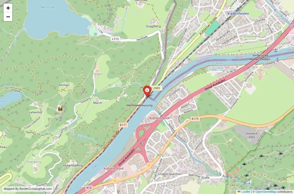 Close-up map showing a border crossing point with marker at the selected land port of entry between Germany and Austria