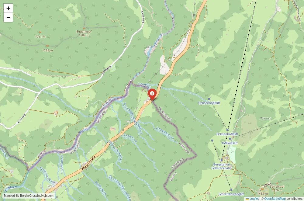 Close-up map showing a border crossing point with marker at the selected land port of entry between Austria and Germany