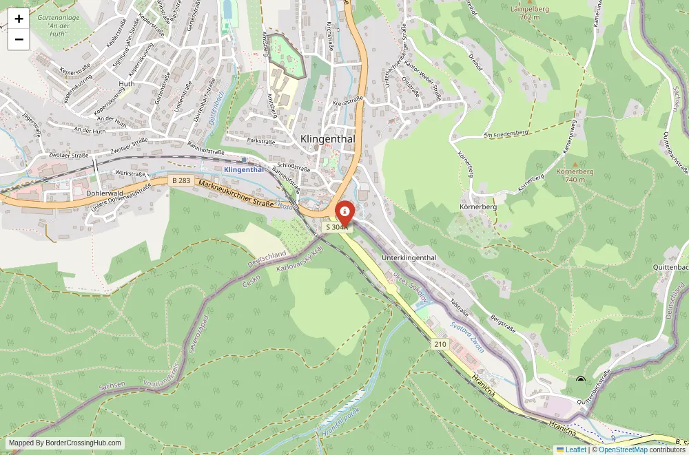 Close-up map showing a border crossing point with marker at the selected land port of entry between Germany and Czech Republic