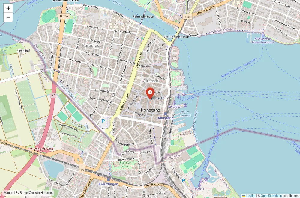 Close-up map showing a border crossing point with marker at the selected land port of entry between Germany and Switzerland