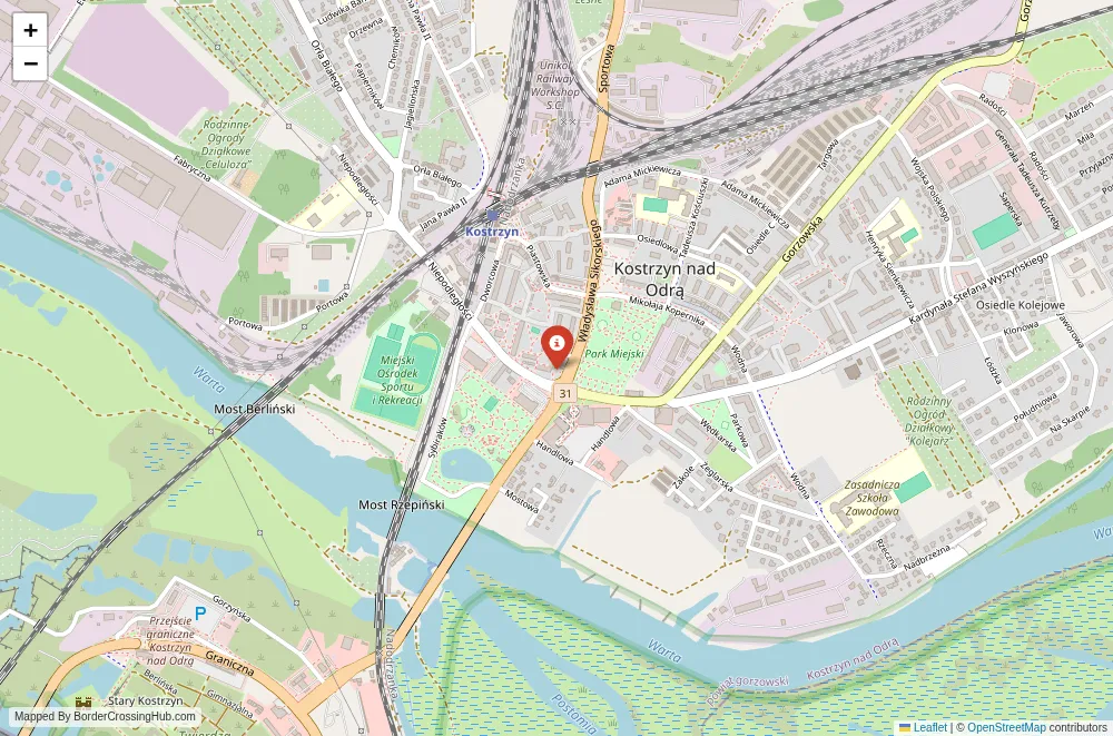 Close-up map showing a border crossing point with marker at the selected land port of entry between Poland and Germany