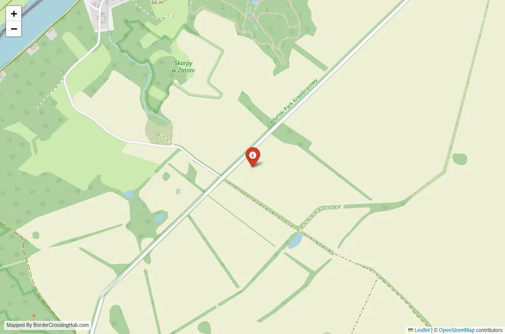 Close-up map showing a border crossing point with marker at the selected land port of entry between Poland and Germany