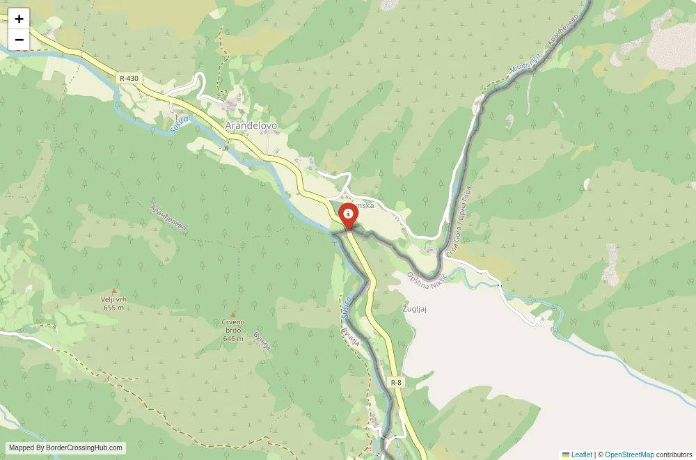 Close-up map showing a border crossing point with marker at the selected land port of entry between Montenegro and Bosnia & Herzegovina