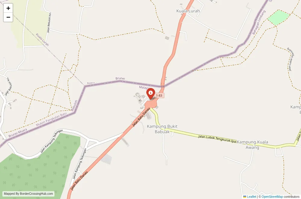 Close-up map showing a border crossing point with marker at the selected land port of entry between Brunei and Malaysia
