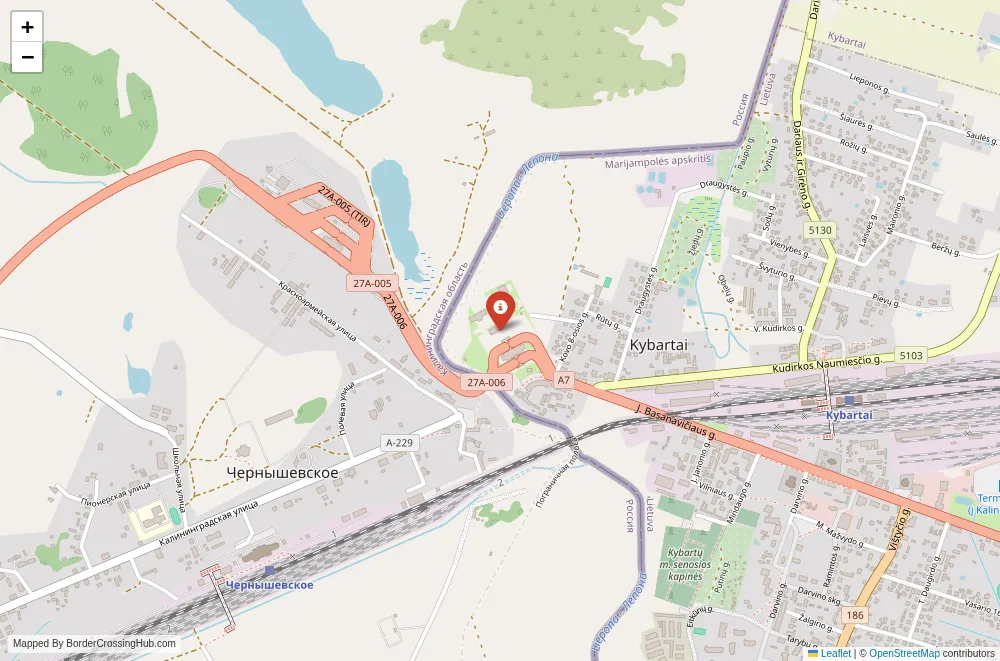 Close-up map showing a border crossing point with marker at the selected land port of entry between Lithuania and Russia