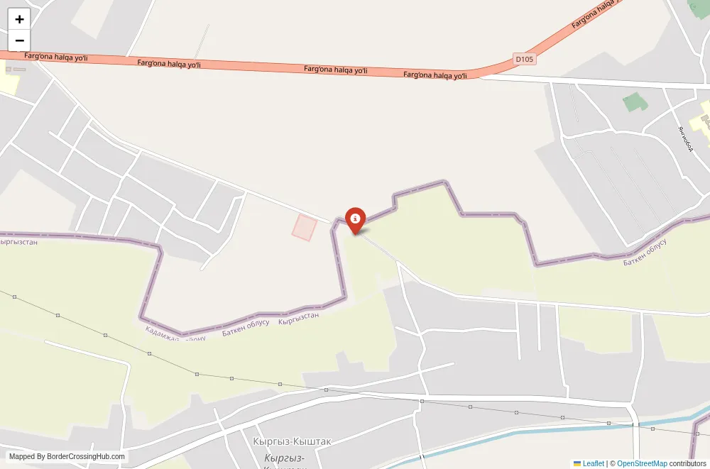 Close-up map showing a border crossing point with marker at the selected land port of entry between Kyrgyzstan and Uzbekistan
