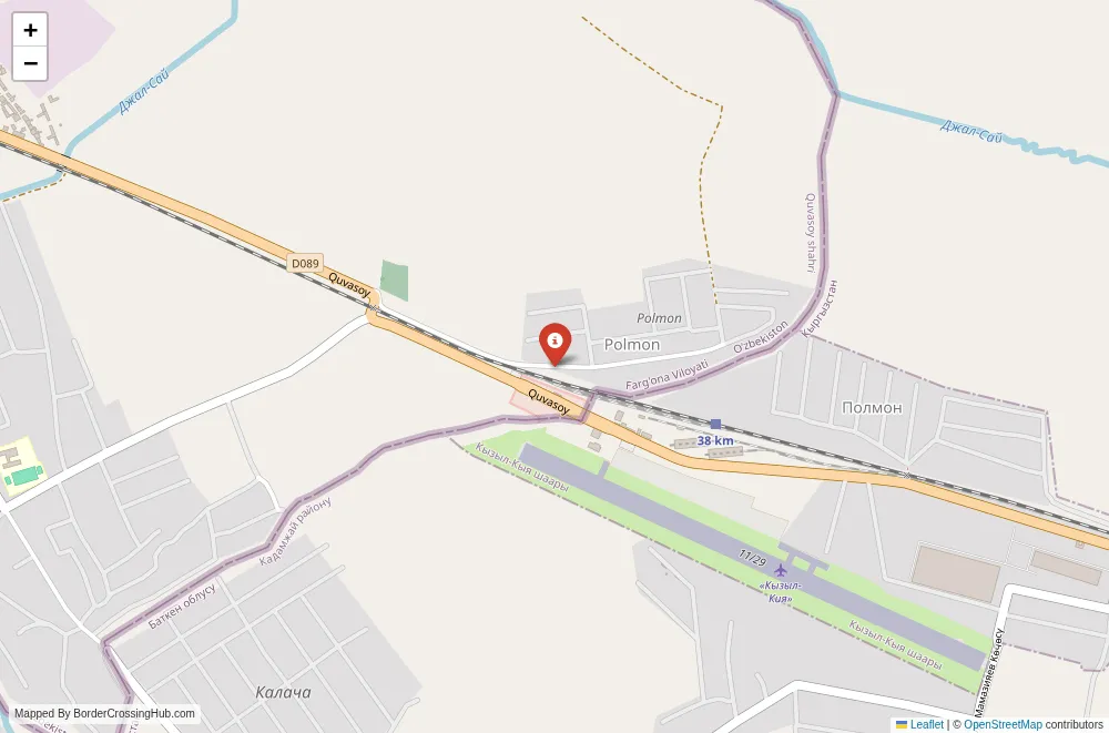 Close-up map showing a border crossing point with marker at the selected land port of entry between Kyrgyzstan and Uzbekistan