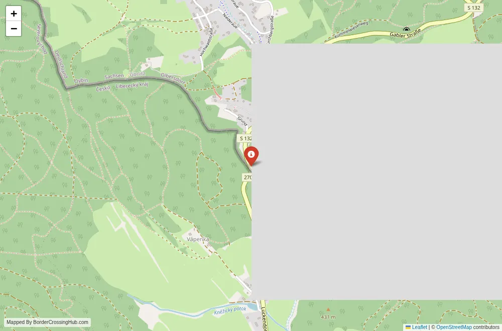 Close-up map showing a border crossing point with marker at the selected land port of entry between Germany and Czech Republic