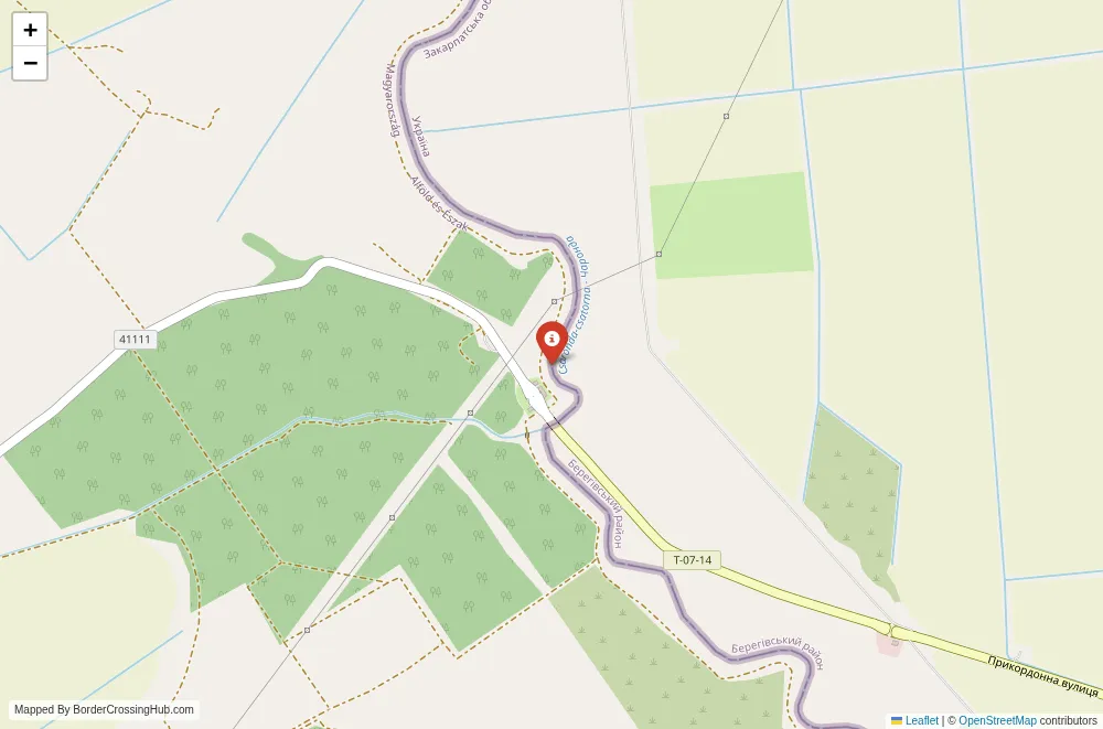 Close-up map showing a border crossing point with marker at the selected land port of entry between Hungary and Ukraine