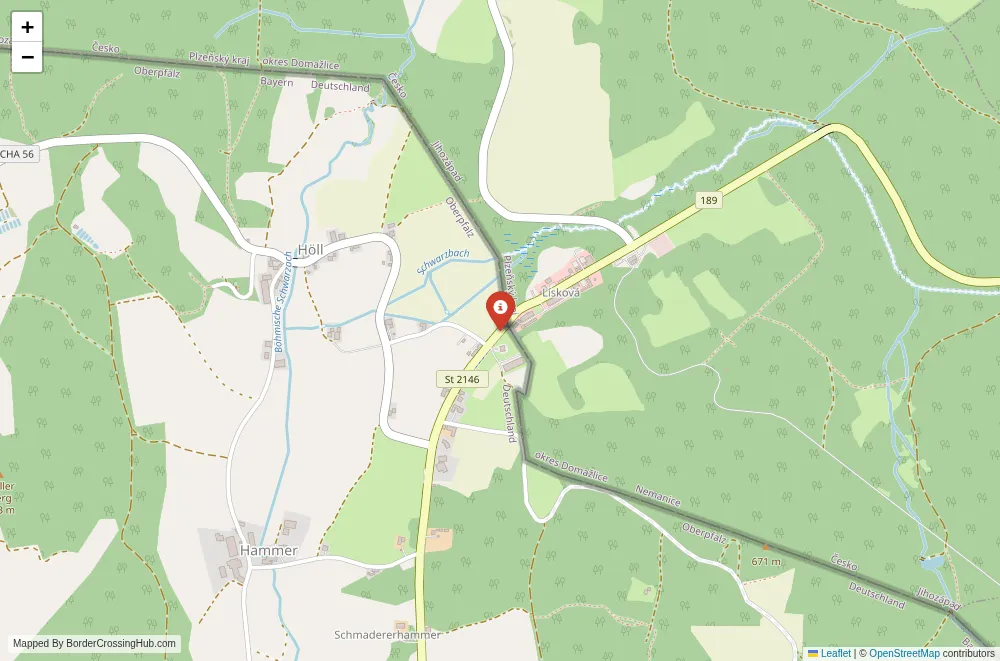 Close-up map showing a border crossing point with marker at the selected land port of entry between Czech Republic and Germany