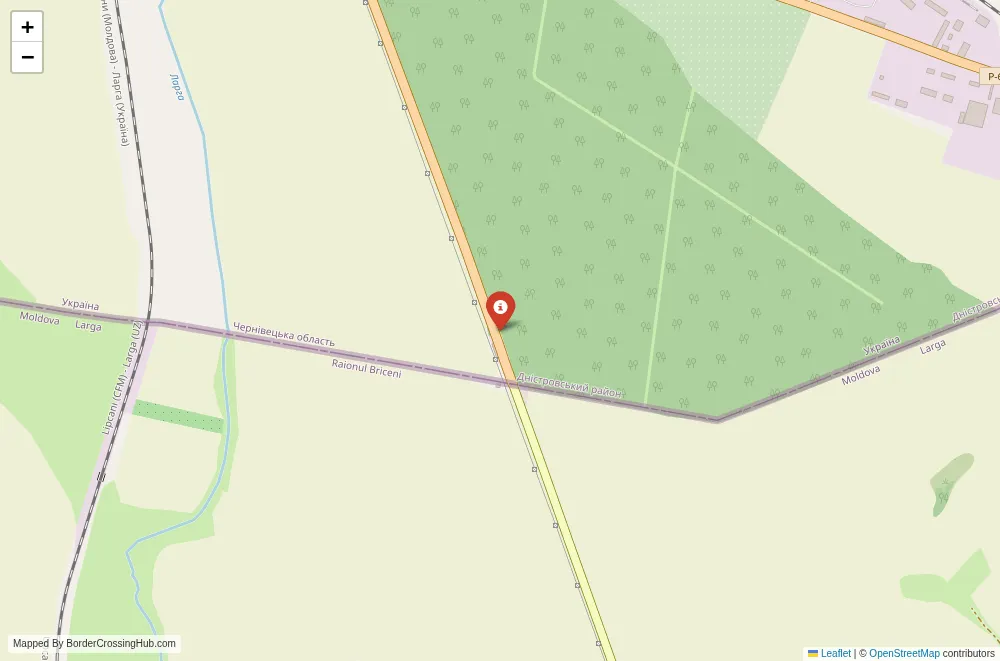 Close-up map showing a border crossing point with marker at the selected land port of entry between Moldova and Ukraine