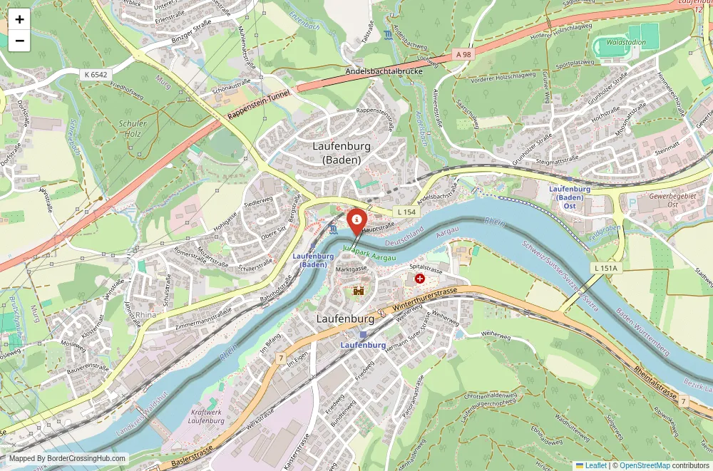 Close-up map showing a border crossing point with marker at the selected land port of entry between Germany and Switzerland