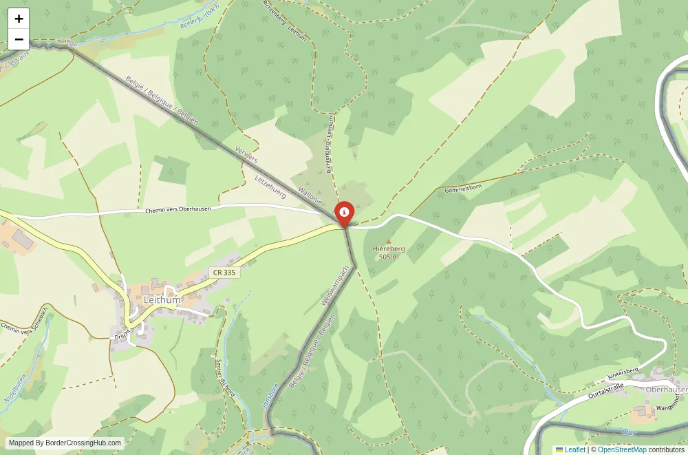 Close-up map showing a border crossing point with marker at the selected land port of entry between Luxembourg and Belgium