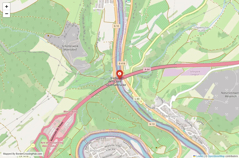 Close-up map showing a border crossing point with marker at the selected land port of entry between Luxembourg and Belgium
