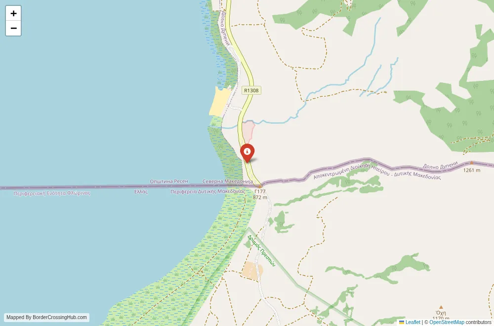 Close-up map showing a border crossing point with marker at the selected land port of entry between Greece and North Macedonia