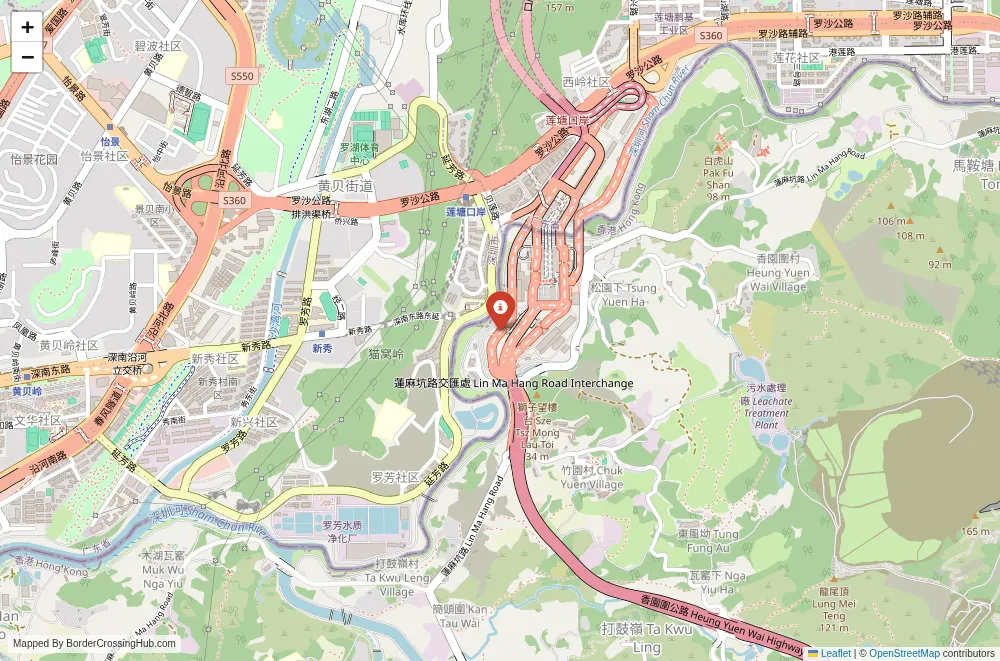 Close-up map showing a border crossing point with marker at the selected land port of entry between China and Hong Kong