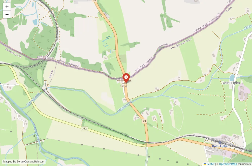 Close-up map showing a border crossing point with marker at the selected land port of entry between Czech Republic and Poland