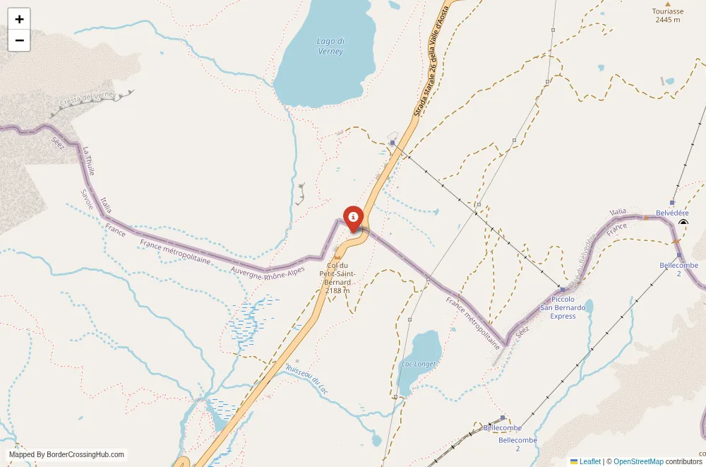 Close-up map showing a border crossing point with marker at the selected land port of entry between France and Italy