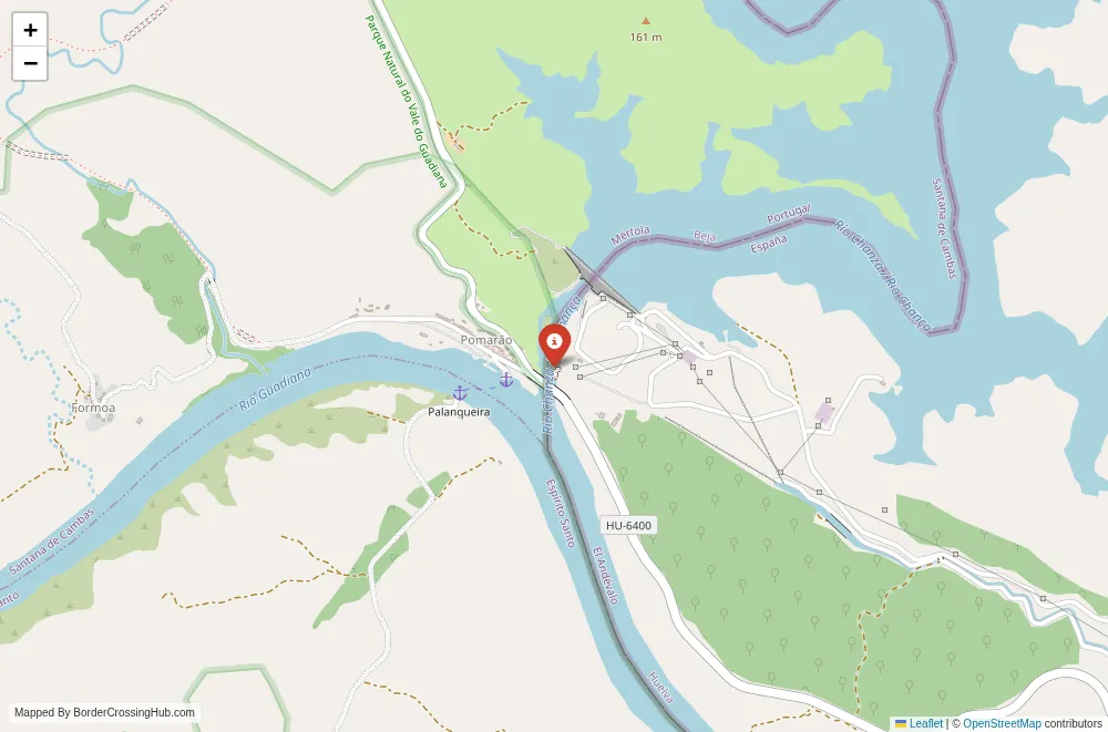 Close-up map showing a border crossing point with marker at the selected land port of entry between Portugal and Spain