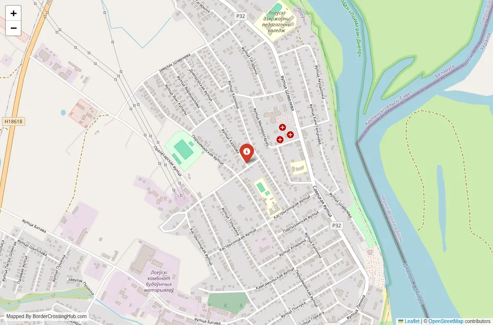 Close-up map showing a border crossing point with marker at the selected land port of entry between Belarus and Ukraine