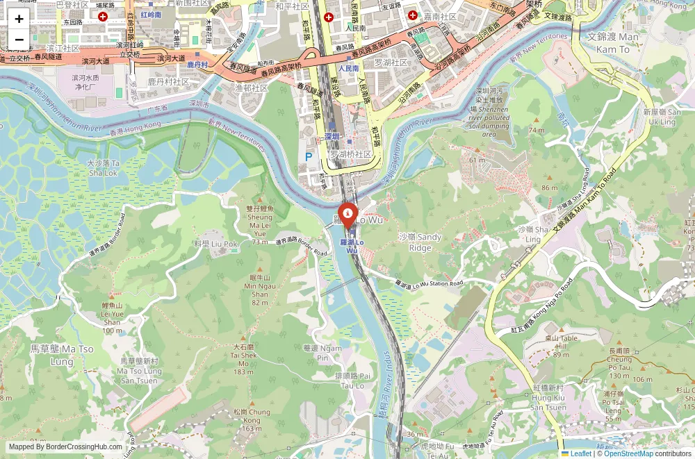 Close-up map showing a border crossing point with marker at the selected land port of entry between China and Hong Kong