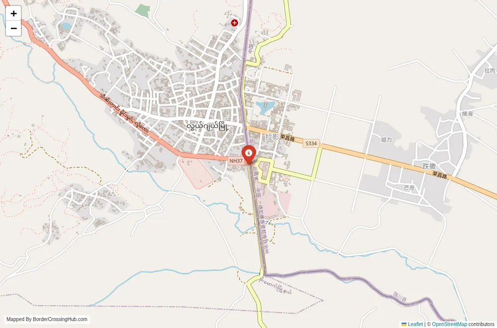Close-up map showing a border crossing point with marker at the selected land port of entry between Myanmar and China