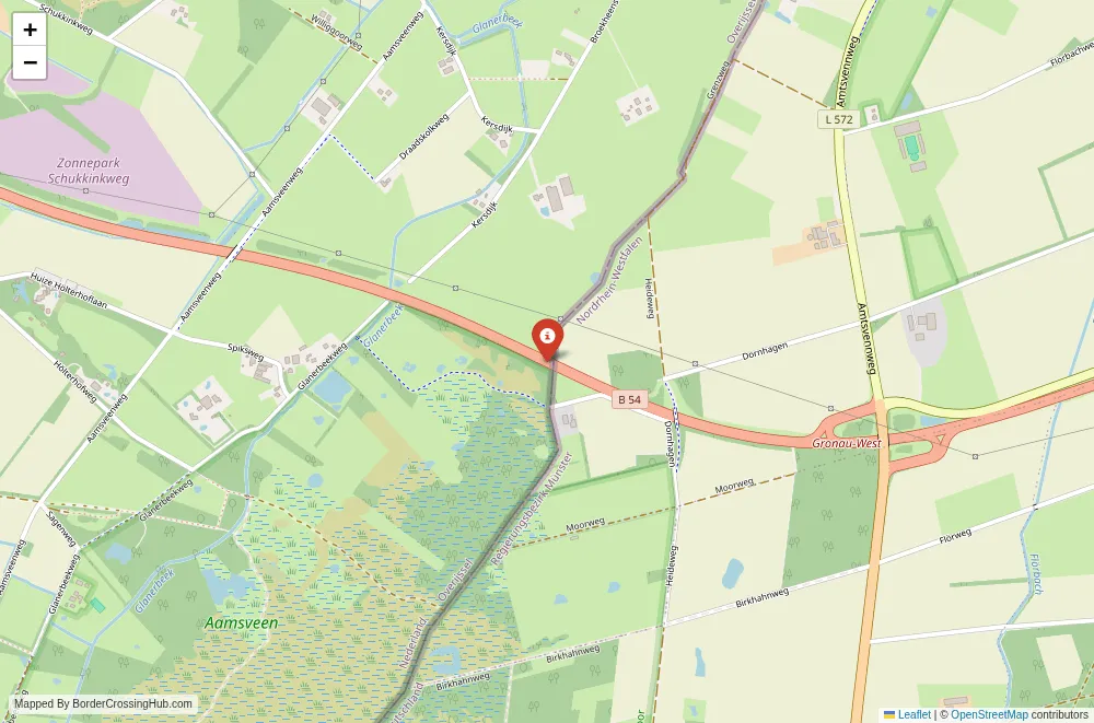 Close-up map showing a border crossing point with marker at the selected land port of entry between Germany and Netherlands