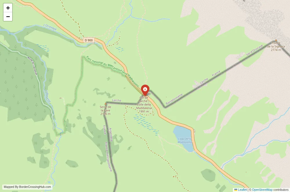 Close-up map showing a border crossing point with marker at the selected land port of entry between France and Italy