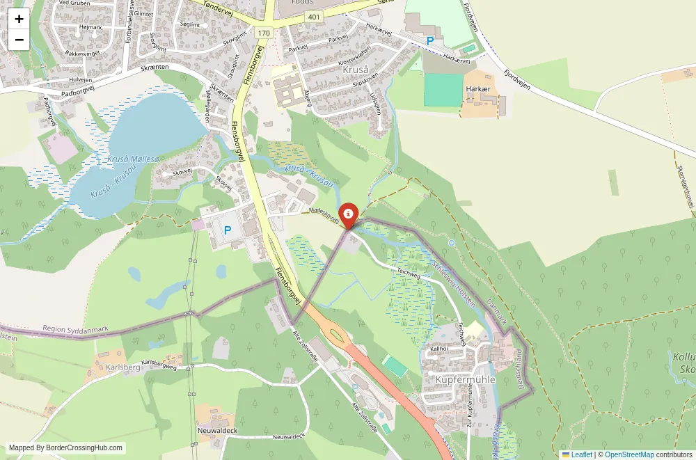 Close-up map showing a border crossing point with marker at the selected land port of entry between Denmark and Germany