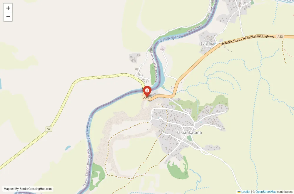 Close-up map showing a border crossing point with marker at the selected land port of entry between Lesotho and South Africa