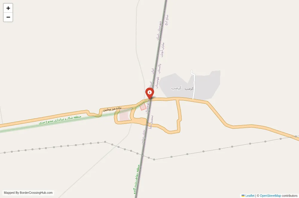 Close-up map showing a border crossing point with marker at the selected land port of entry between Pakistan and Iran