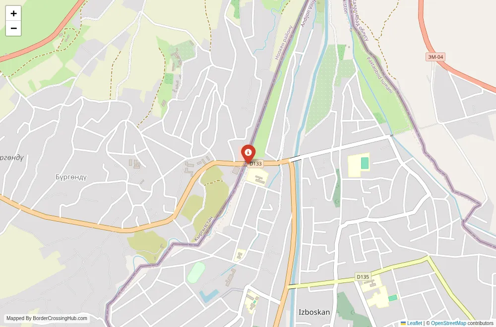 Close-up map showing a border crossing point with marker at the selected land port of entry between Kyrgyzstan and Uzbekistan