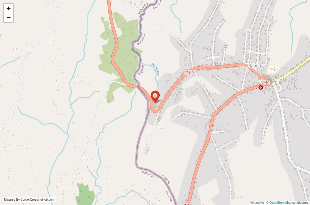 Close-up map showing a border crossing point with marker at the selected land port of entry between Tanzania and Burundi