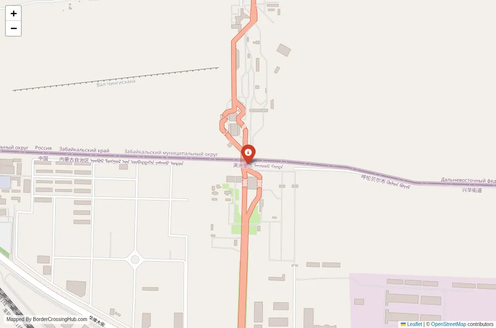 Close-up map showing a border crossing point with marker at the selected land port of entry between China and Russia