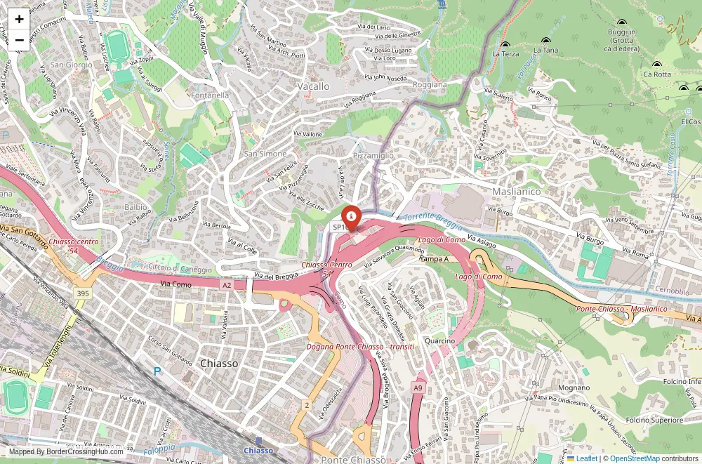 Close-up map showing a border crossing point with marker at the selected land port of entry between Switzerland and Italy